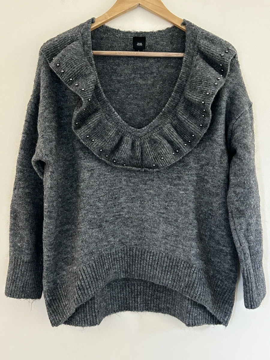 River Island Jumper Size Small Grey Large Collar 3 4 Sleeve Beaded