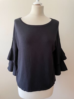MARKS & SPENCER COLLECTION SCHWARZER PULLOVER U-BOOT-AUSSCHNITT ETAGE GERÜSCHTE ÄRMEL GRÖSSE 14