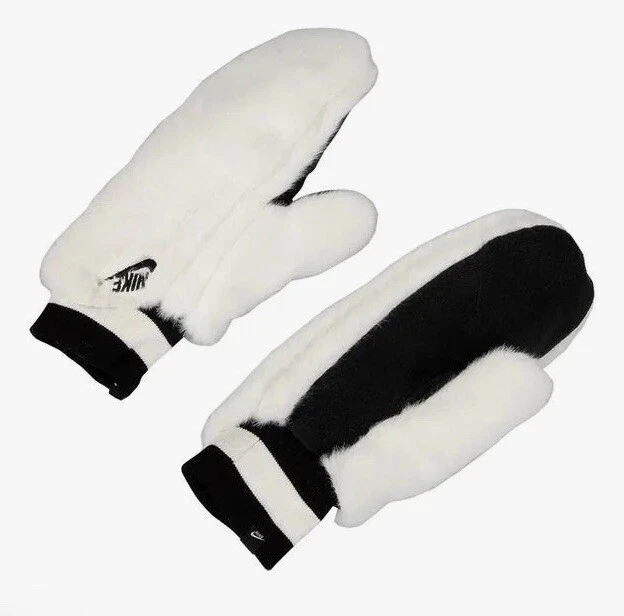 Nike Women’s Warm Faux Fur Mittens Size M/L White/Black Winter Soft Gloves NWT