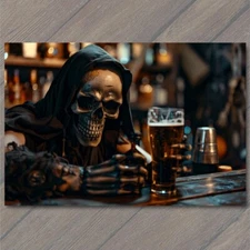 Art Print Grim Reaper Drinking Beer Bar Death Colorful Unusual Skeleton Creepy