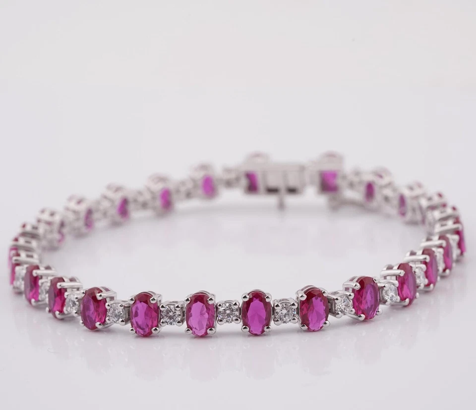 Brazalete Tenis Rubí Creado en Laboratorio Corte Ovalado Chapado en Oro Blanco 14K Para Regalo Foto 2 de 4