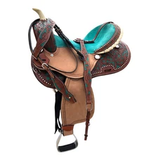 Kids Youth Western Horse Barrel Saddle Genuine Leather Tack Set Suede Seat 10-18