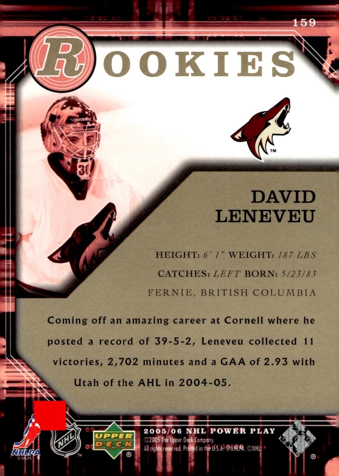 David Leneveu - Signed 2005-06 Upper Deck NHL Power Play Rookies Card #159 - Image 2 of 2