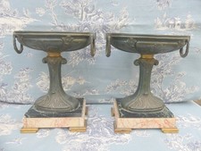 Paire de Cassolettes Horloge Art Déco régule patine verte socle Marbre Bronze