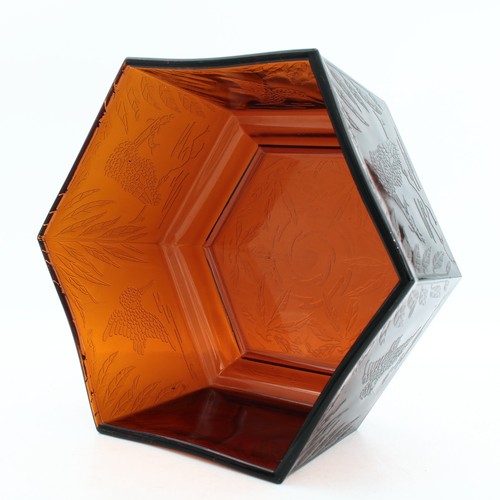 Sherdley Kinfishers Amber Glass Hexagonal Bowl Art Deco 1930s - Picture 12 of 20