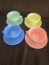 4 Hazel Atlas Moderntone Platonite Coffee Tea Cup  Saucer Pastel Vintage Set