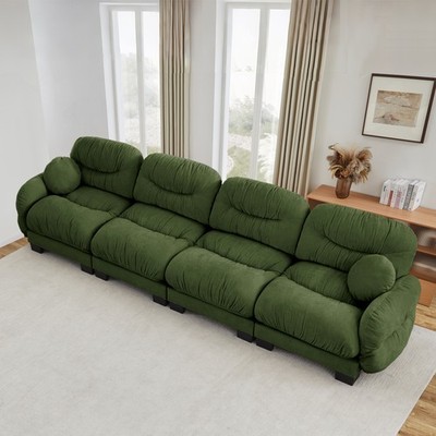 Modular Chenille Sofa: 4-Seat, Ergonomic Foam, Pleated Back, 2 Green Pillows