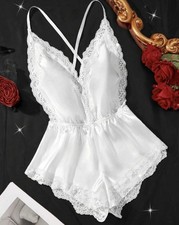 Women s Satin Lace Teddy Romper Babydoll Sleepwear White XS-XXL