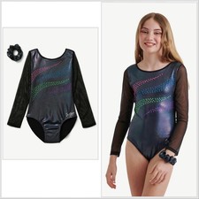 Long Mesh Sleeve Embellished Gymnastic Leotard with Scrunchie Size Small 7/8