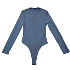 Long Sleeve Crew Neck Thong Bodysuit Slate Blue Size Large Sleek Minimalist Fit