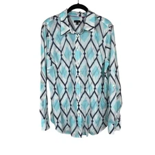 Talbots Women’s Size L Button-Up Shirt – White Turquoise Blue Batik Geometric