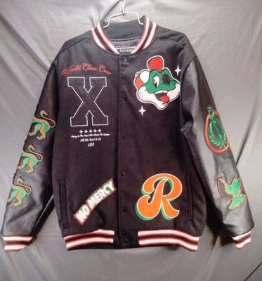 Reason Jacket Mens Large L Varsity Style Coat Black Frog Patches Self Made Euc