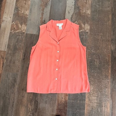 August Silk Sleeveless Blouse Size Large Pink/ Salmon Button Up 100% Silk