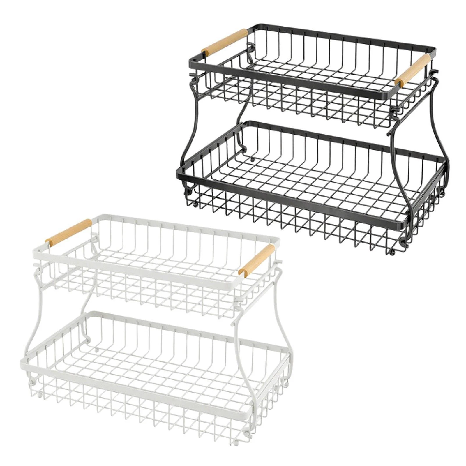 2 Layer Fruit Basket Veggie Holder Large Capacity Iron Tray Wooden Handle Stable