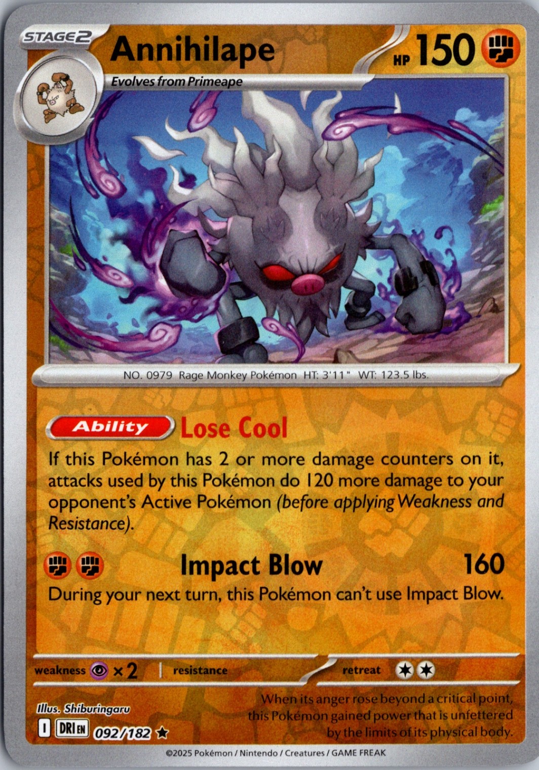 Annihilape Reverse Holo Rare SV10: Destined Rivals 092/182 NM