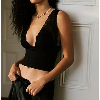 NWT Intimately Free People Cami Top Lace Plunge Low Back Cropped Black Size M