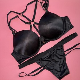 Victoria's Secret 34A BOMBSHELL BRA SET M thong BLACK gold rings strappy cutout