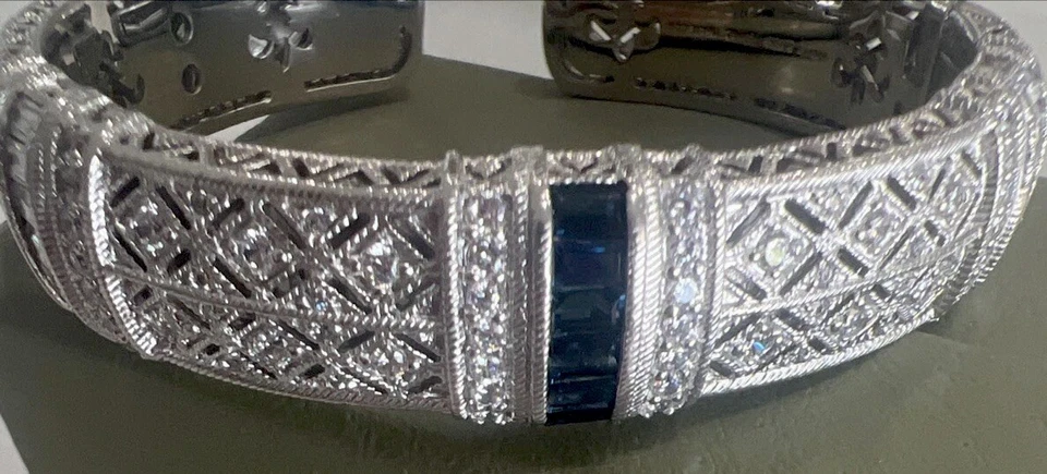 Judith Ripka Bracelet 925 Sterling Silver 30 Grams Blue Sapphire Diamonque Cuff - Image 2 of 4