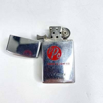 Vtg 1959 Slim Zippo Lighter Polished Chrome Engraved PPC Power & Light Co.