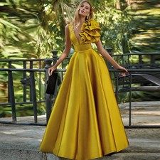 Wedding Guest Dress Formal Golden Satin Ruched Ruffles Gown A-line V-neck