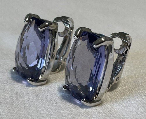 Signed SWAROVSKI Tanzanite Crystal Rhodium Plated Clip On Earrings 3/4” Prong - Picture 5 of 13