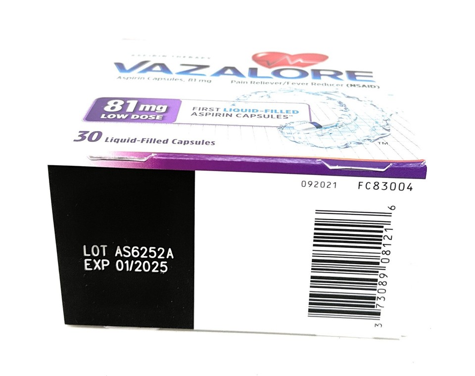Vazalore Aspirin Capsules 81mg Low Dose 30 LiquidFilled Capsules Exp 1