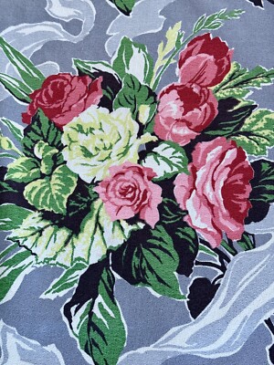 Rococo Cottage Pink Roses Mid Century Hollywood Regency Barkcloth Vintage Fabric