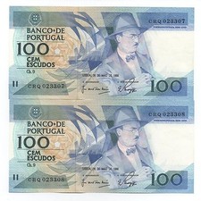 PORTUGAL 2 x 100 ESCUDOS 1988 PICK 179 E RUNNING NUMBERS UNC