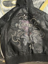 Ed Hardy Leather Hooded Crop Jacket