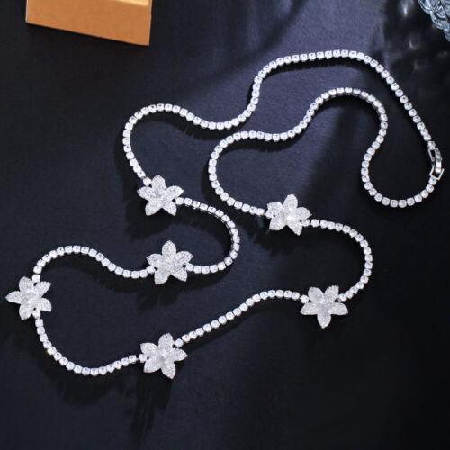 82 cm Extra Long Necklace Silver Plated Flower Design Cubic Zircon Women Jewelry - Picture 1 of 11