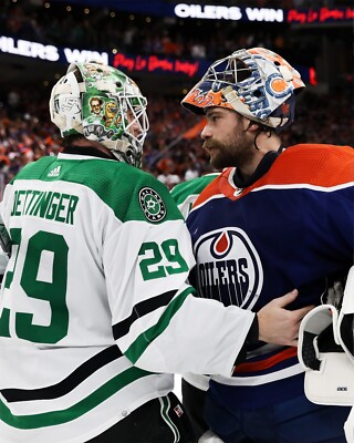 Jake Oettinger & Stuart Skinner 2024 Playoffs Stars Oilers 8x10 NHL Hockey Photo