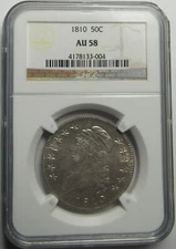 1810  Capped Bust Half Dollar, NGC AU58, Luster Buster, White, Perfect Rims.