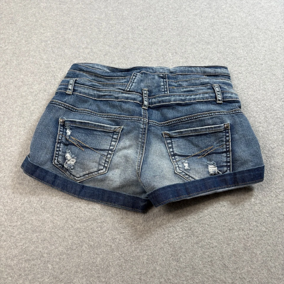 Pantalones Cortos Hot Kiss Mujer 9 (28x2) Azul Tiro Bajo Puños Botín Elastizados Envejecidos Y2K Foto 2 de 4