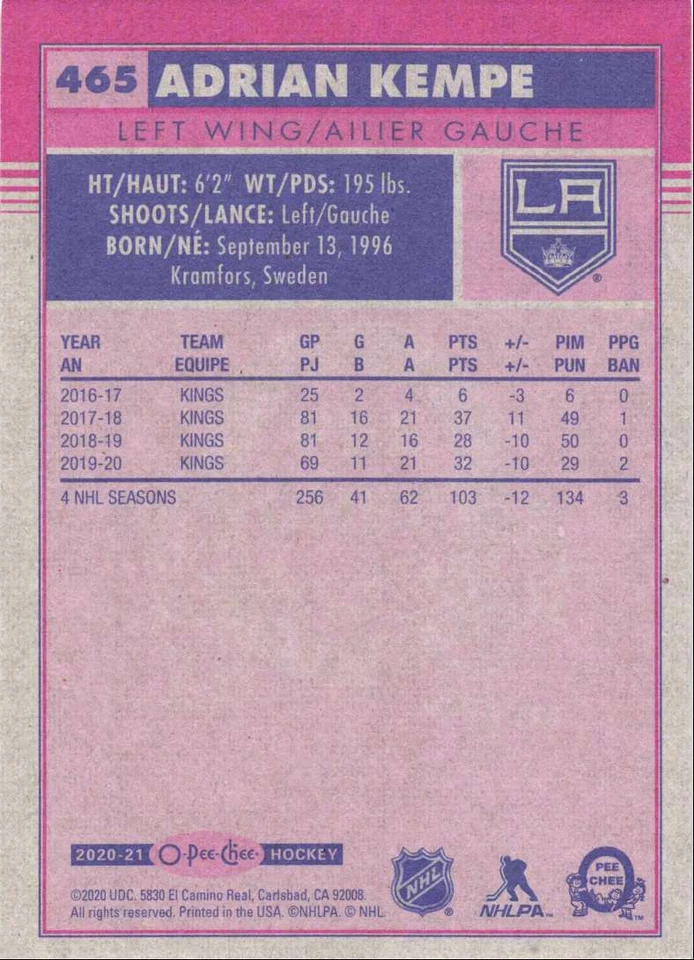 2020-21 O-Pee-Chee Retro Adrian Kempe Los Angeles Kings #465 - Image 2 of 2