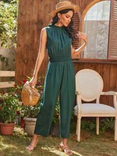 Elegante vestito abito donna tuta intera smanicata pantaloni verde bohemian A012