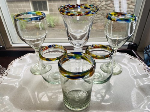 Mexican Confetti Rim Water Wine Stemless Glass Mixed Fiesta Hand Crafted-6