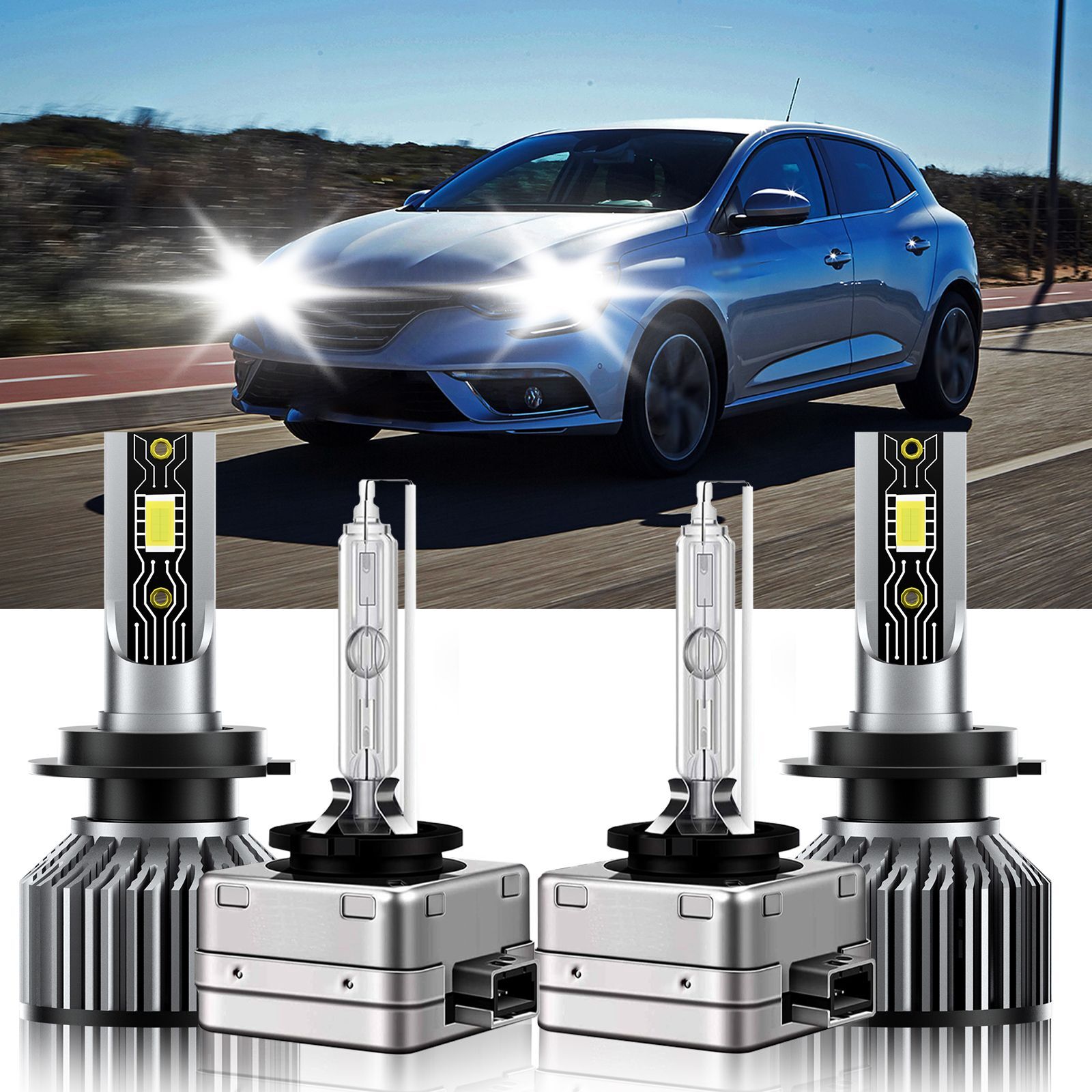 For Renault Megane 2009-2010 4Pcs LED HID Headlight Bulbs High & Low Beam H7 D1S