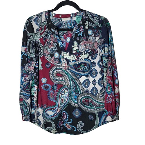 New York & Company Womens Purple and Blue Paisley Silky VNeck Blouse Size Small