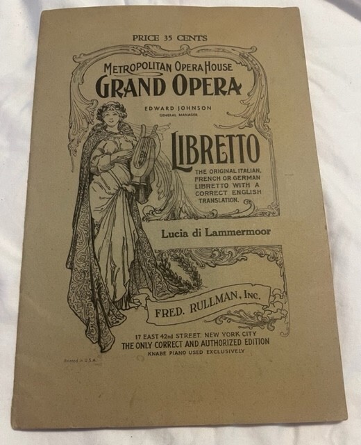Metropolitan Opera House Program Grand Opera Libretto - Lucia di Lammermoor -
