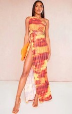 PRETTYLITTLETHING Orange Print Plisse Knotted Split Detail Maxi Dress