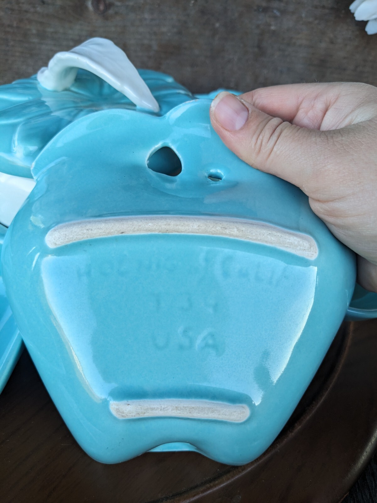 Vintage Hoenig of California Turquoise & White Ceramic Apples Lazy Susan Tray