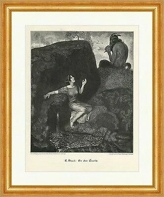 F. Stuck: At the Source Faun Nymph Pan Flute Water Woodblock A 1514 Framed