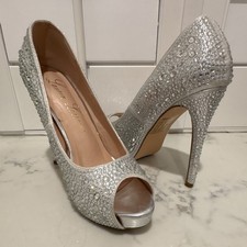 Lauren Lorraine Silver Rhinestone Peep Toe Platform Stiletto Heels for Women