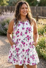 Boho Plus Size Women's White Floral Flounce Sleeveless Tank Dress Pockets 1X 2X