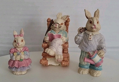 Easter Bunny Figurines Set Of 3 Vintage Decor Country Bunnies Dad Son Daughter