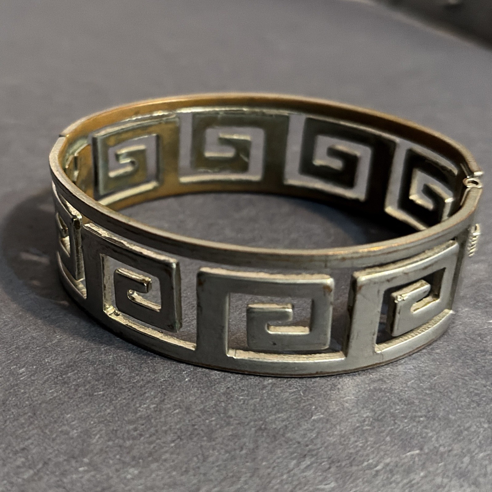 Greek Key Hinged Cuff Bangle Bracelet Metal Silver Tone Gold Tone Edge