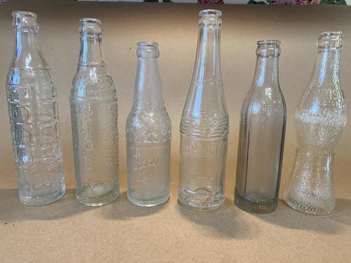 6 Vintage Embossed Soda Bottles - Ski-Hi, Big Boy, Barq's, Spartan, Whistle