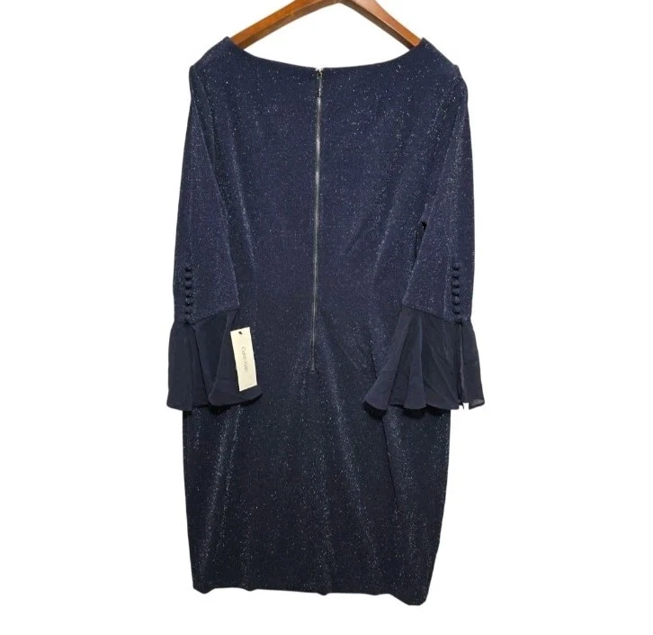 NWT Calvin Klein Sparkly Navy Sheath Dress 16W Sheer Bell Sleeves Holiday Event - Image 3 of 4