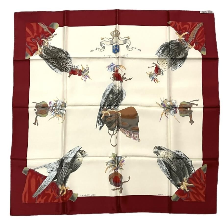 HERMES Carre 90 Chasse a Vol Silk Scarf Bordeaux 90cm 35'' Japan