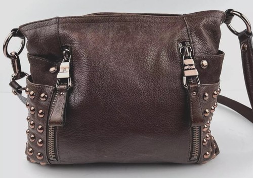 B. MAKOWSKY Leather Purse Brown Rose Gold Studded Crossbody Zip Pockets Cheetah